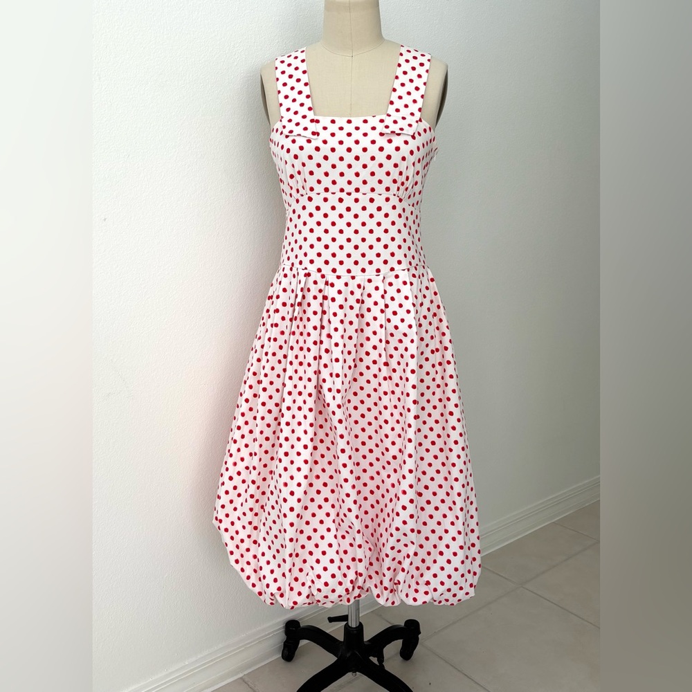 Lilith France Polka Dot Dress White & Red Balloon Hem Cotton Twill EU 40 - US 8